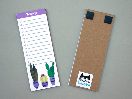 Cute notepad with cacti in purple pots at the bottom
