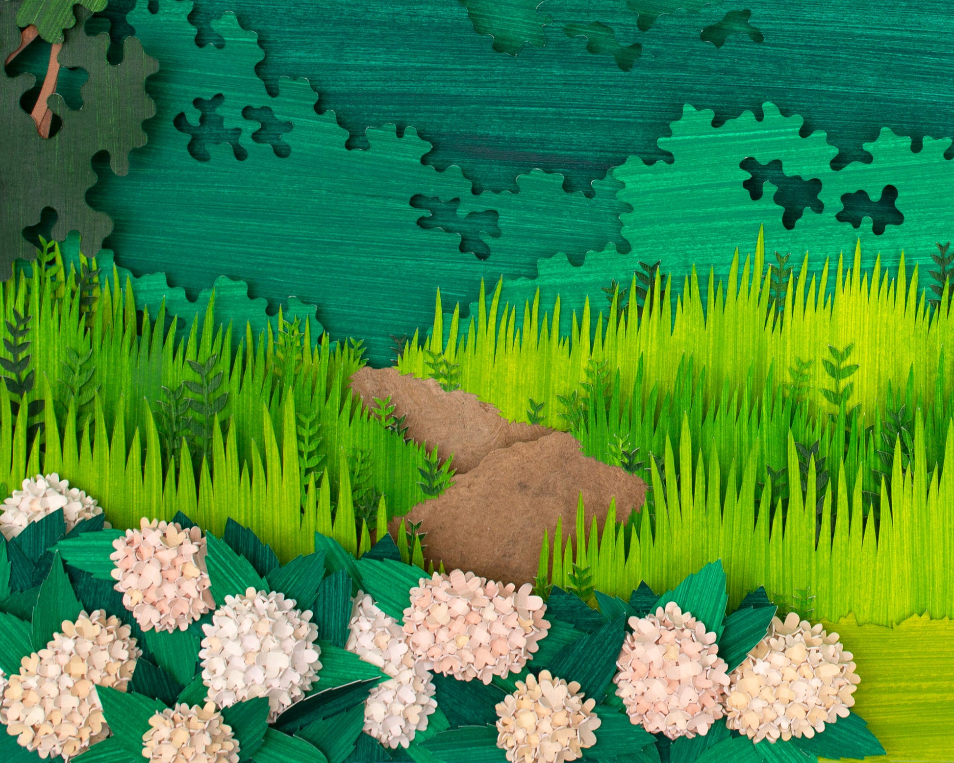 Archival print of cut paper illustration of landscape scene of South Beach on Martha's Vineyard, with pink hydrangea flowers.