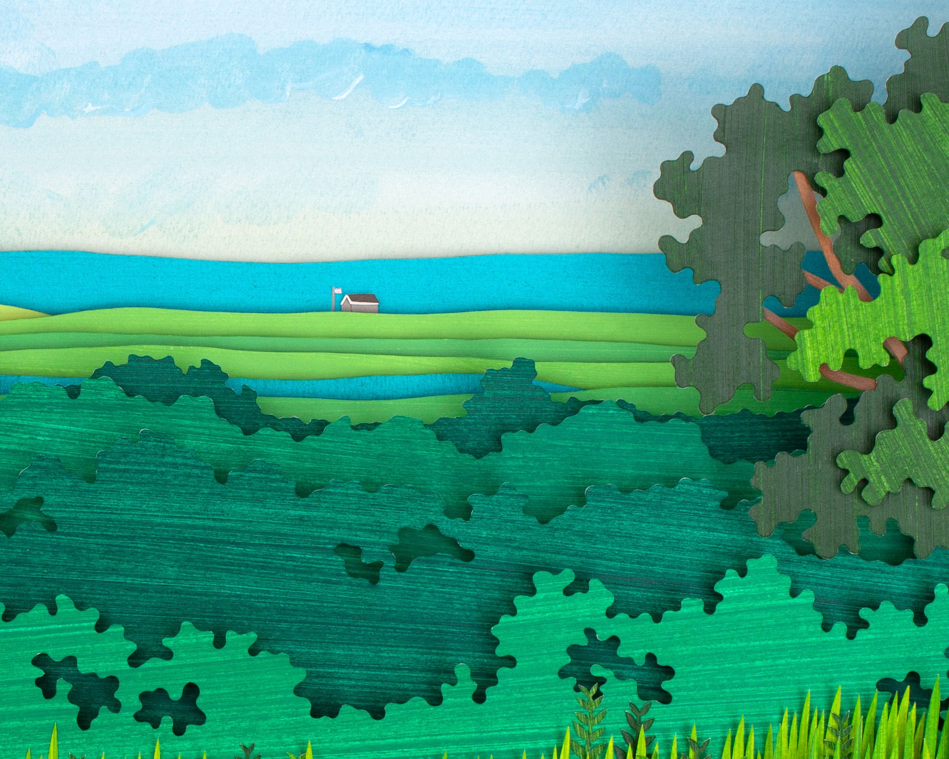 Archival print of cut paper illustration of landscape scene of South Beach on Martha's Vineyard, with pink hydrangea flowers.