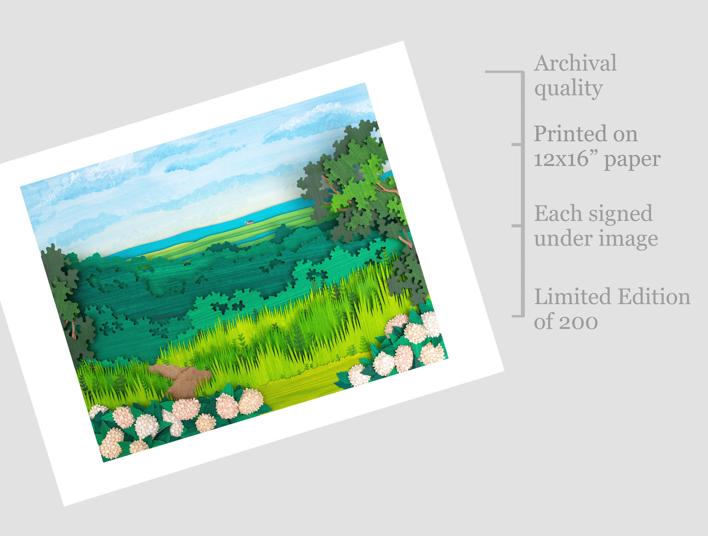 Archival print of cut paper illustration of landscape scene of South Beach on Martha's Vineyard, with pink hydrangea flowers.