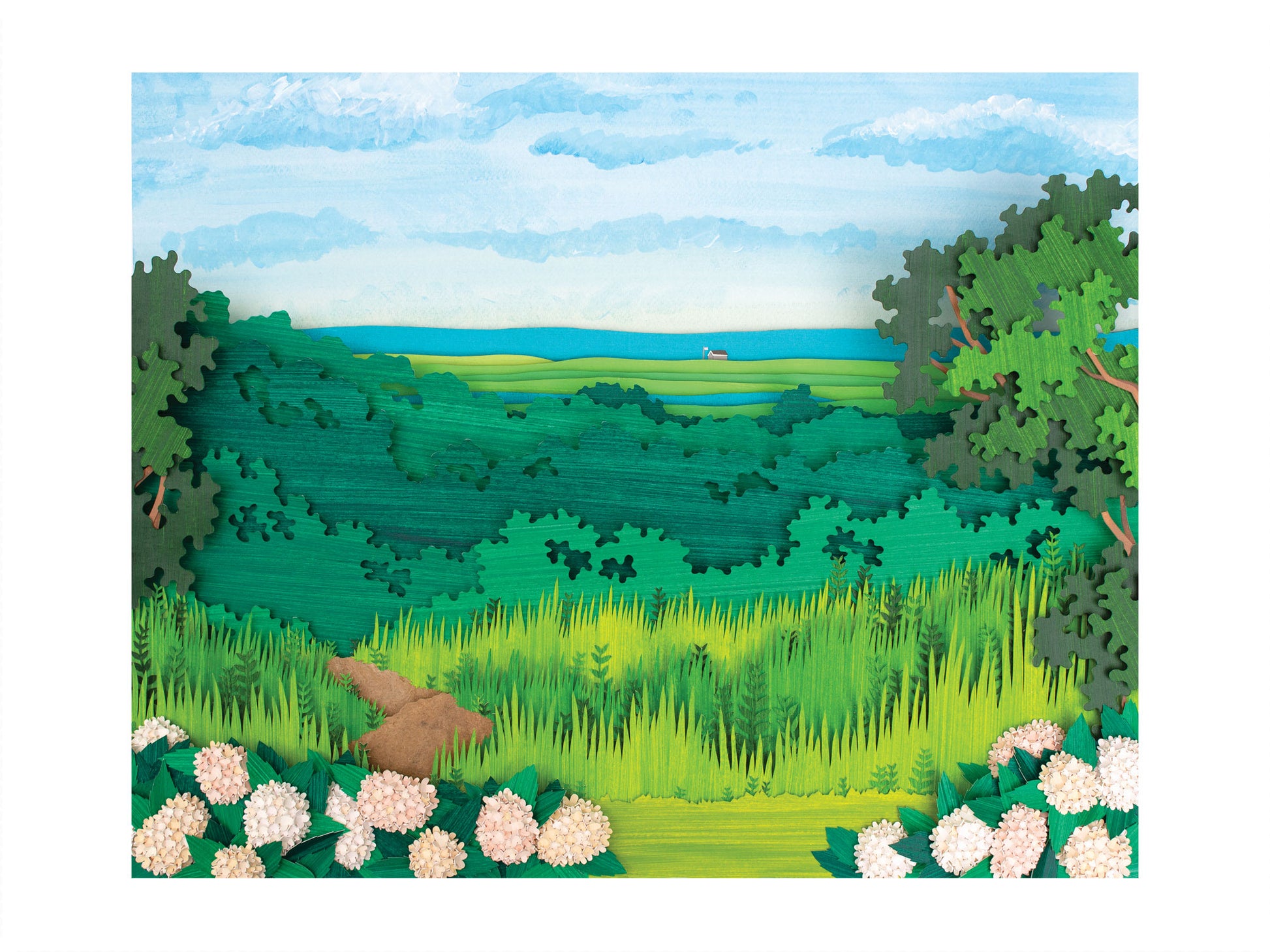 Archival print of cut paper illustration of landscape scene of South Beach on Martha's Vineyard, with pink hydrangea flowers.