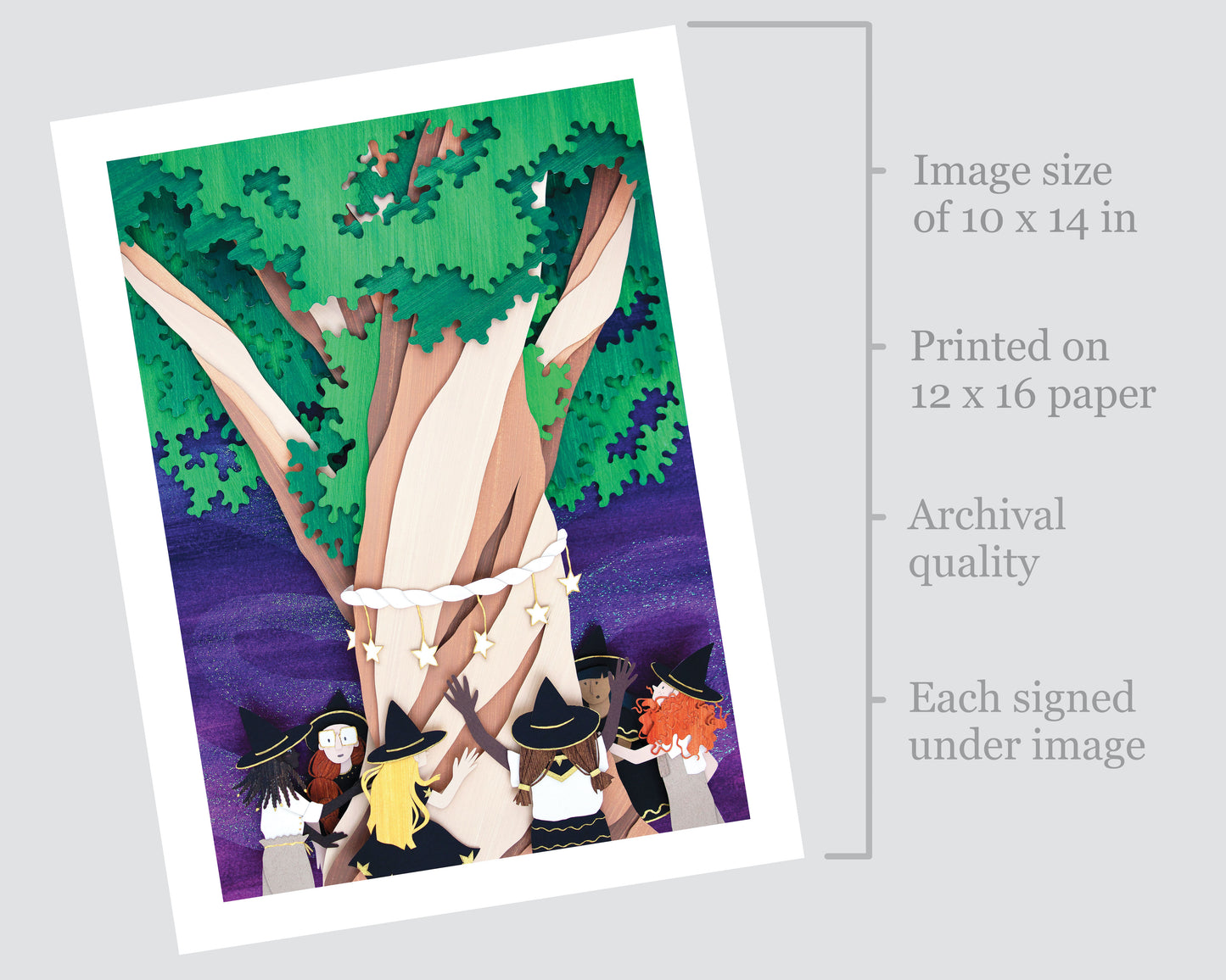 Archival print of cut paper illustration of cute whimsical scene of witches gathered around a tree at night.