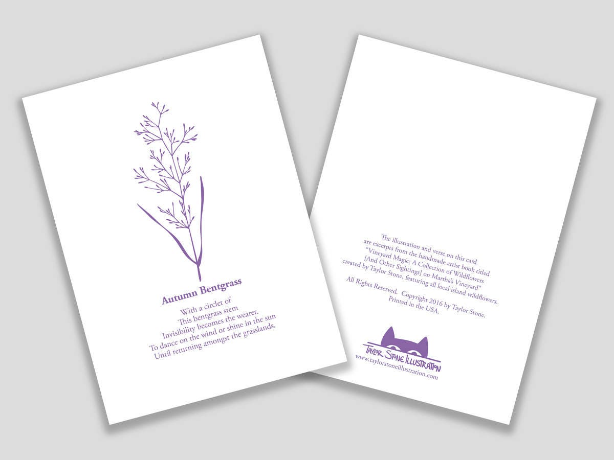 Greeting card with purple cut paper illustration of Autumn Bentgrass, and a short original poem.