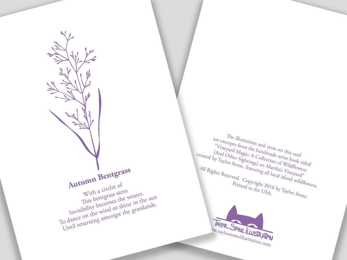 Greeting card with purple cut paper illustration of Autumn Bentgrass, and a short original poem.