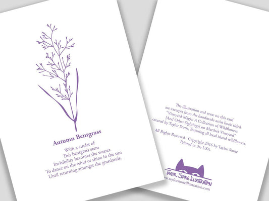 Greeting card with purple cut paper illustration of Autumn Bentgrass, and a short original poem.