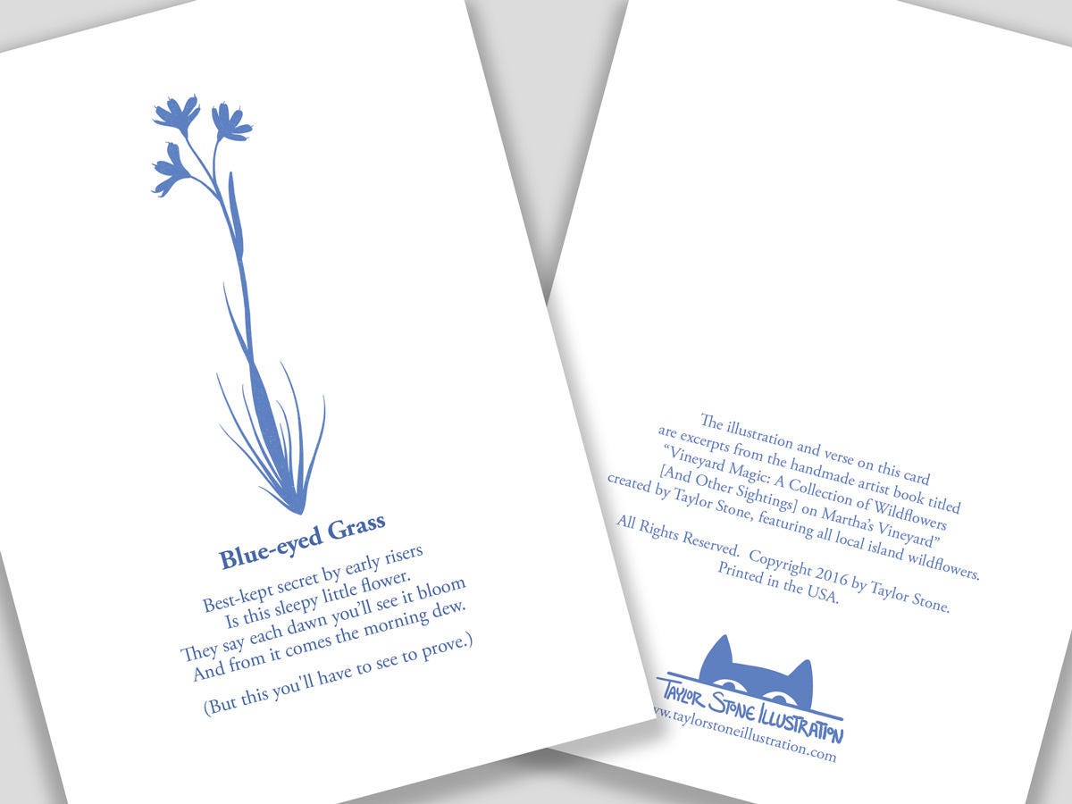 Greeting card with blue cut paper illustration of Blue-eyed Grass, and a short original poem.