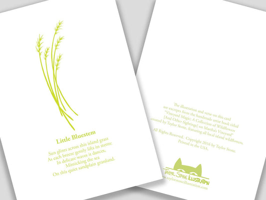 Greeting card with light green cut paper illustration of Little Bluestem, and a short original poem.