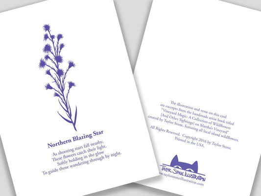 Greeting card with purple cut paper illustration of Northern Blazing Star, and a short original poem.