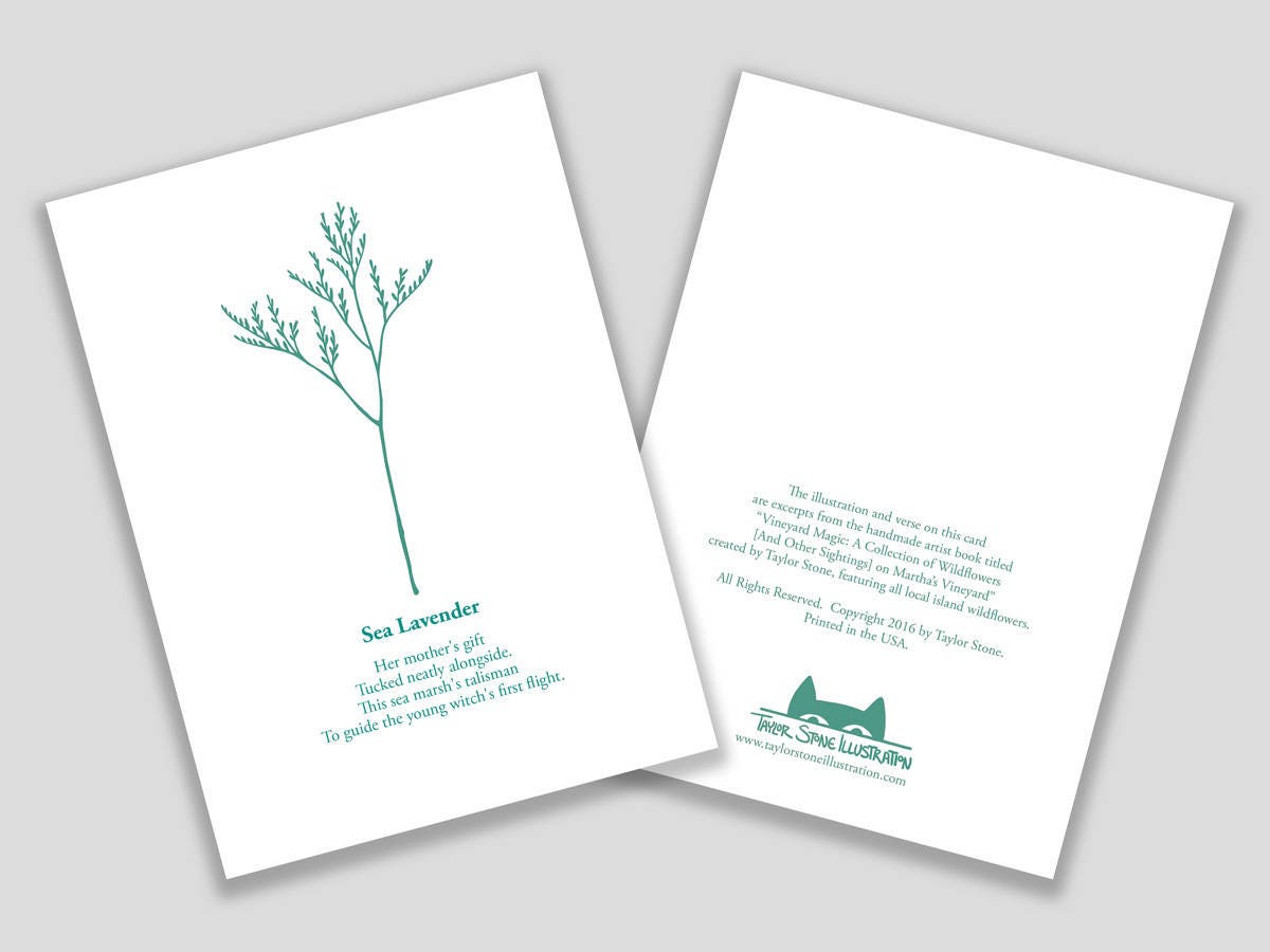 Greeting card with teal cut paper illustration of Sea Lavender, and a short original poem.