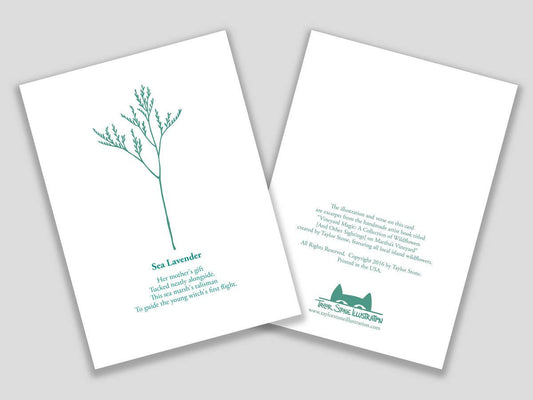 Greeting card with teal cut paper illustration of Sea Lavender, and a short original poem.