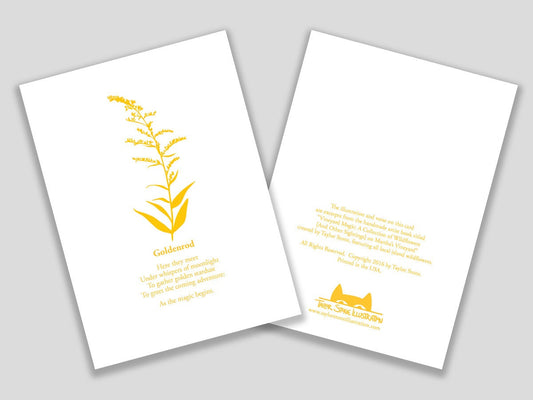 Greeting card with yellow cut paper illustration of Goldenrod, and a short original poem.