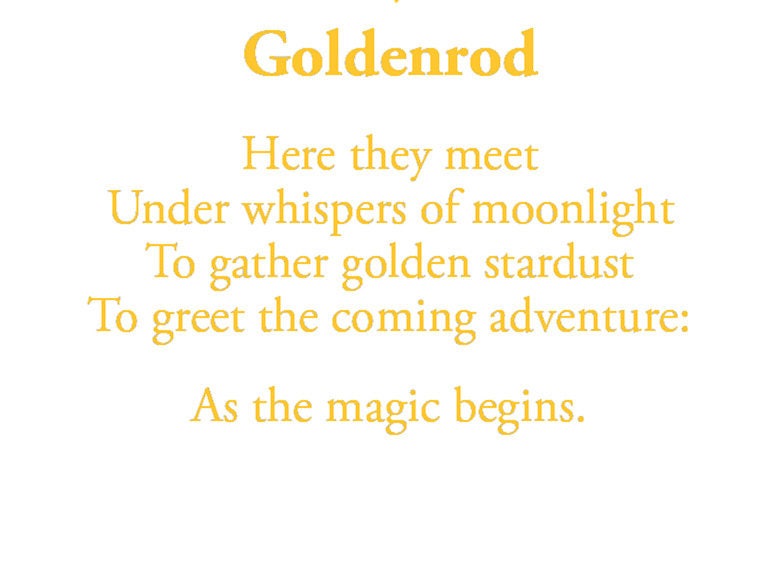 The poem on this card reads: Here they meet Under whispers of moonlight To gather golden stardust To greet the coming adventure: As the magic begins.