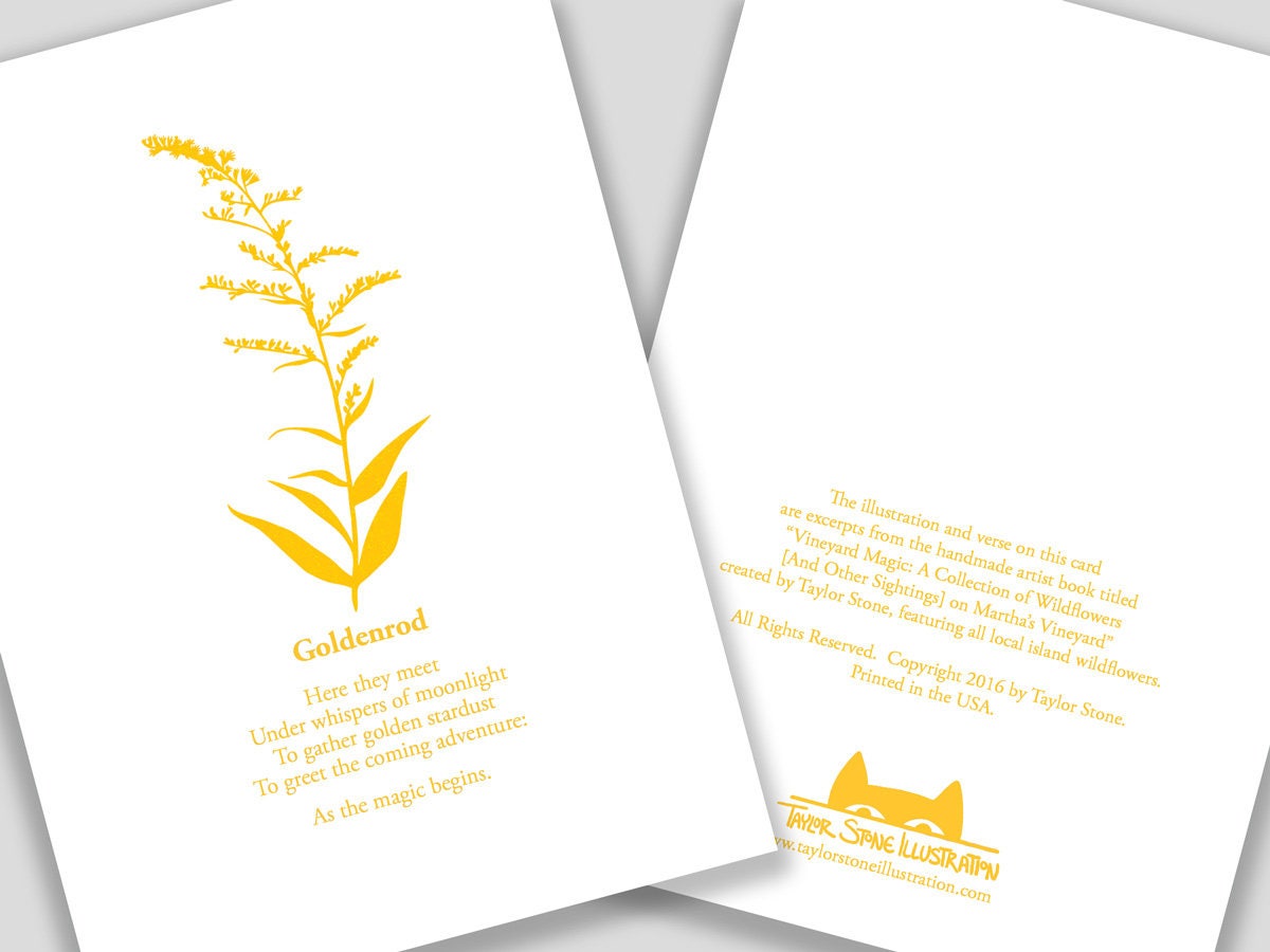 Greeting card with yellow cut paper illustration of Goldenrod, and a short original poem.