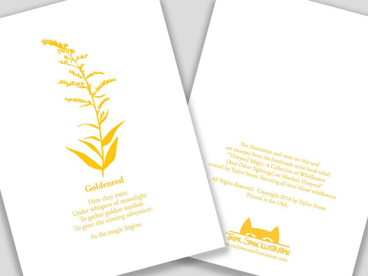 Greeting card with yellow cut paper illustration of Goldenrod, and a short original poem.