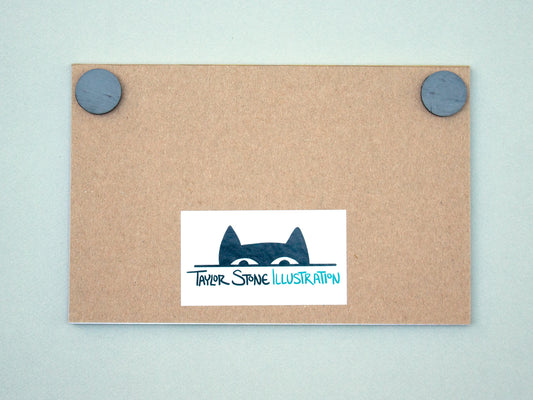 Back of notepad with magnet and Taylor Stone Illustration cat logo.