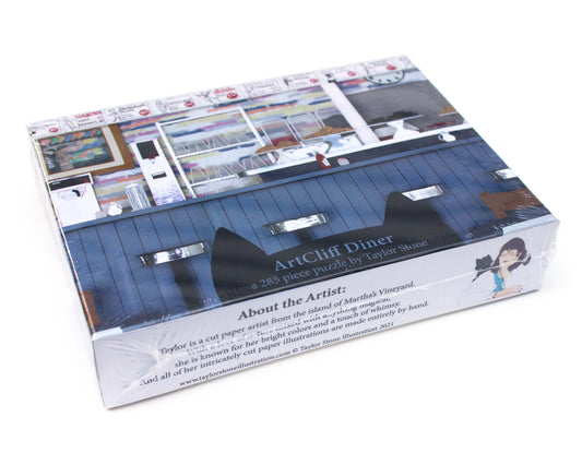 Cute jigsaw puzzle of cut paper illustration of the counter at the ArtCliff Diner in Vineyard Haven, Martha's Vineyard