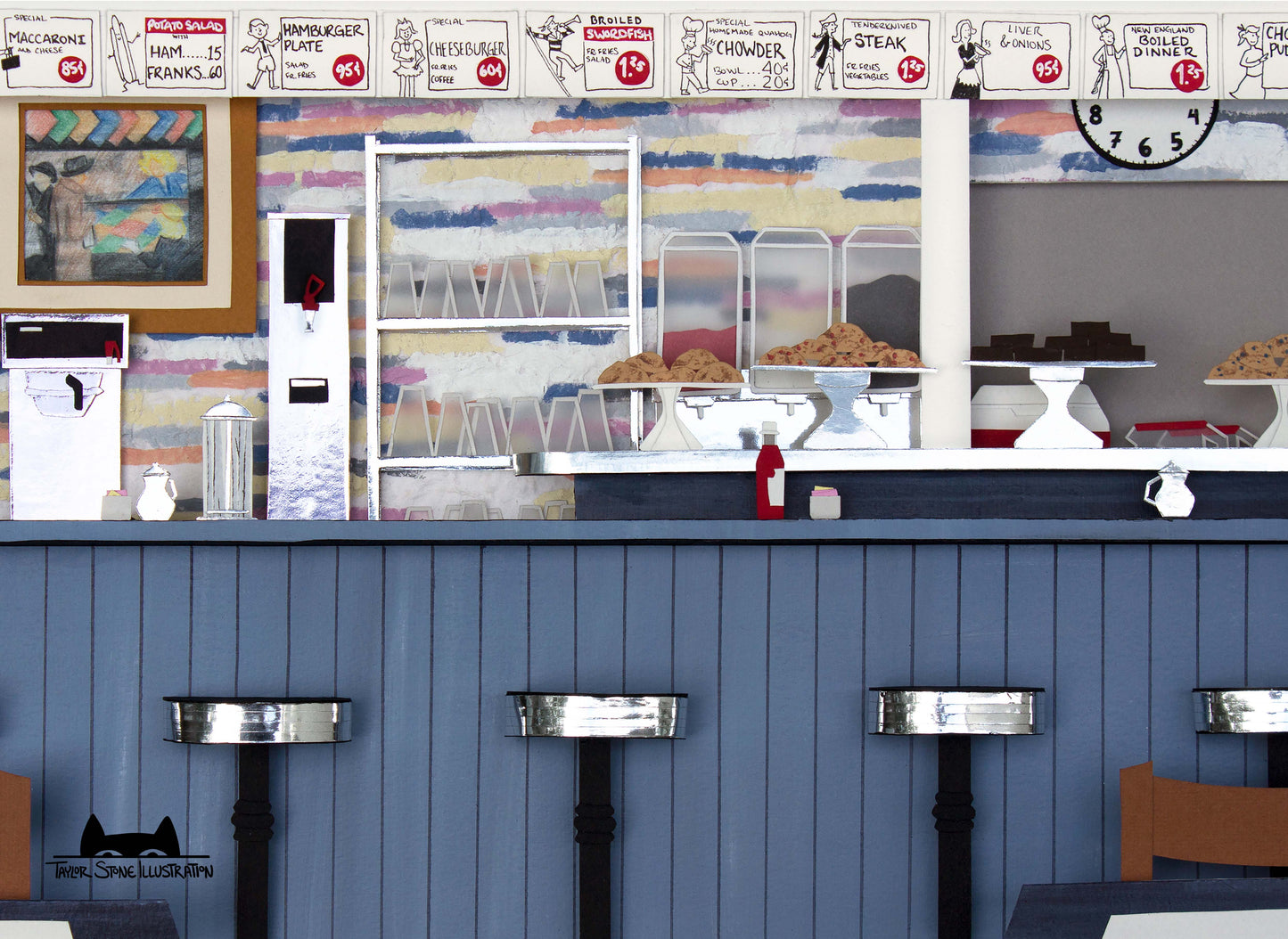 Cute jigsaw puzzle of cut paper illustration of the counter at the ArtCliff Diner in Vineyard Haven, Martha's Vineyard