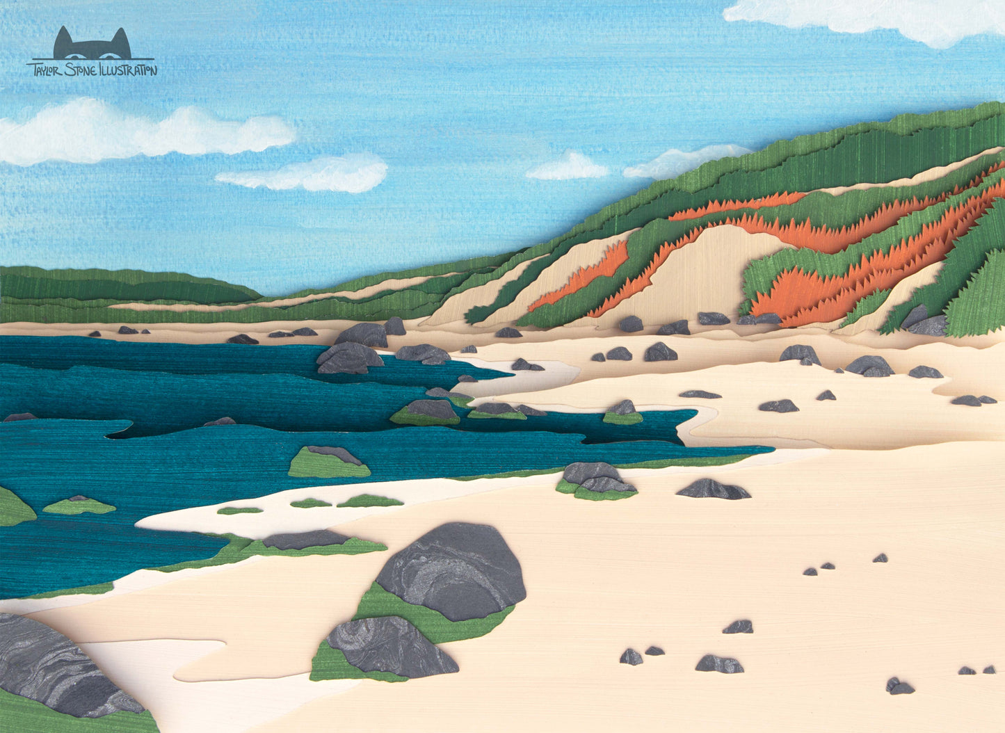 Cute jigsaw puzzle of cut paper illustration of cedar Tree Neck beach on Martha's Vineyard.