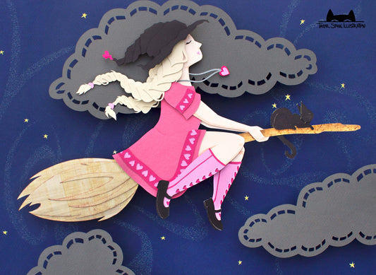 Cute jigsaw puzzle of cut paper illustration of witch flying on a broom at night with a black cat.