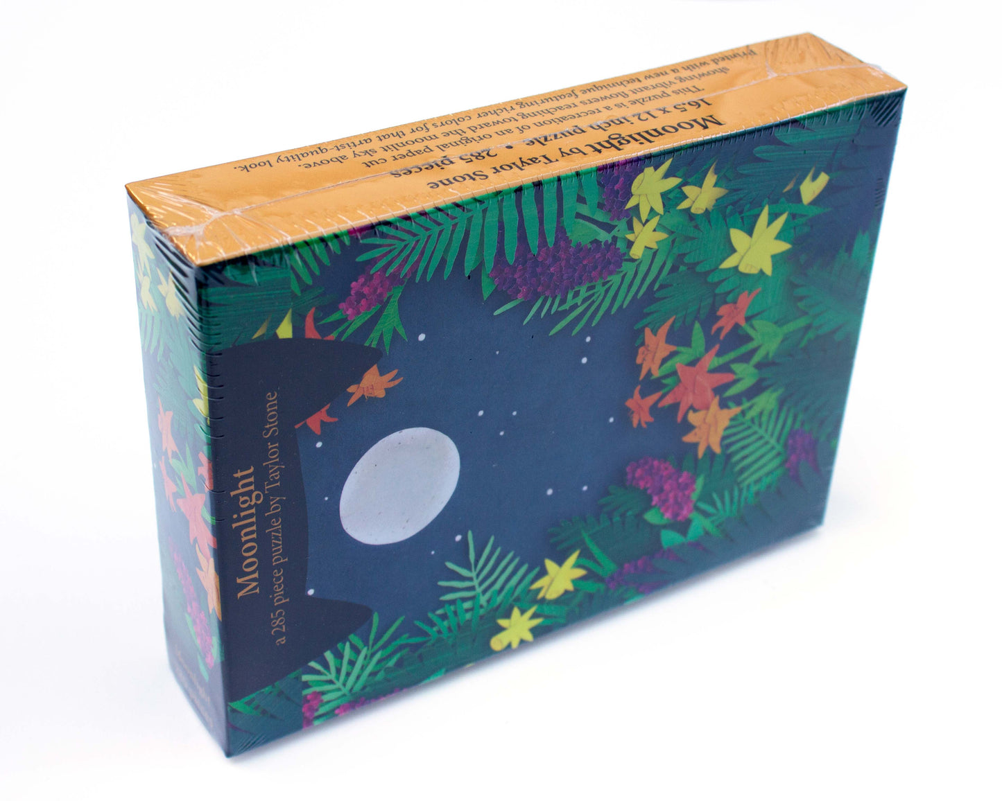 Cute jigsaw puzzle of cut paper illustration of a full moon and stars at night surrounded by flowers and greenery.