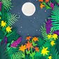 Cute jigsaw puzzle of cut paper illustration of a full moon and stars at night surrounded by flowers and greenery.