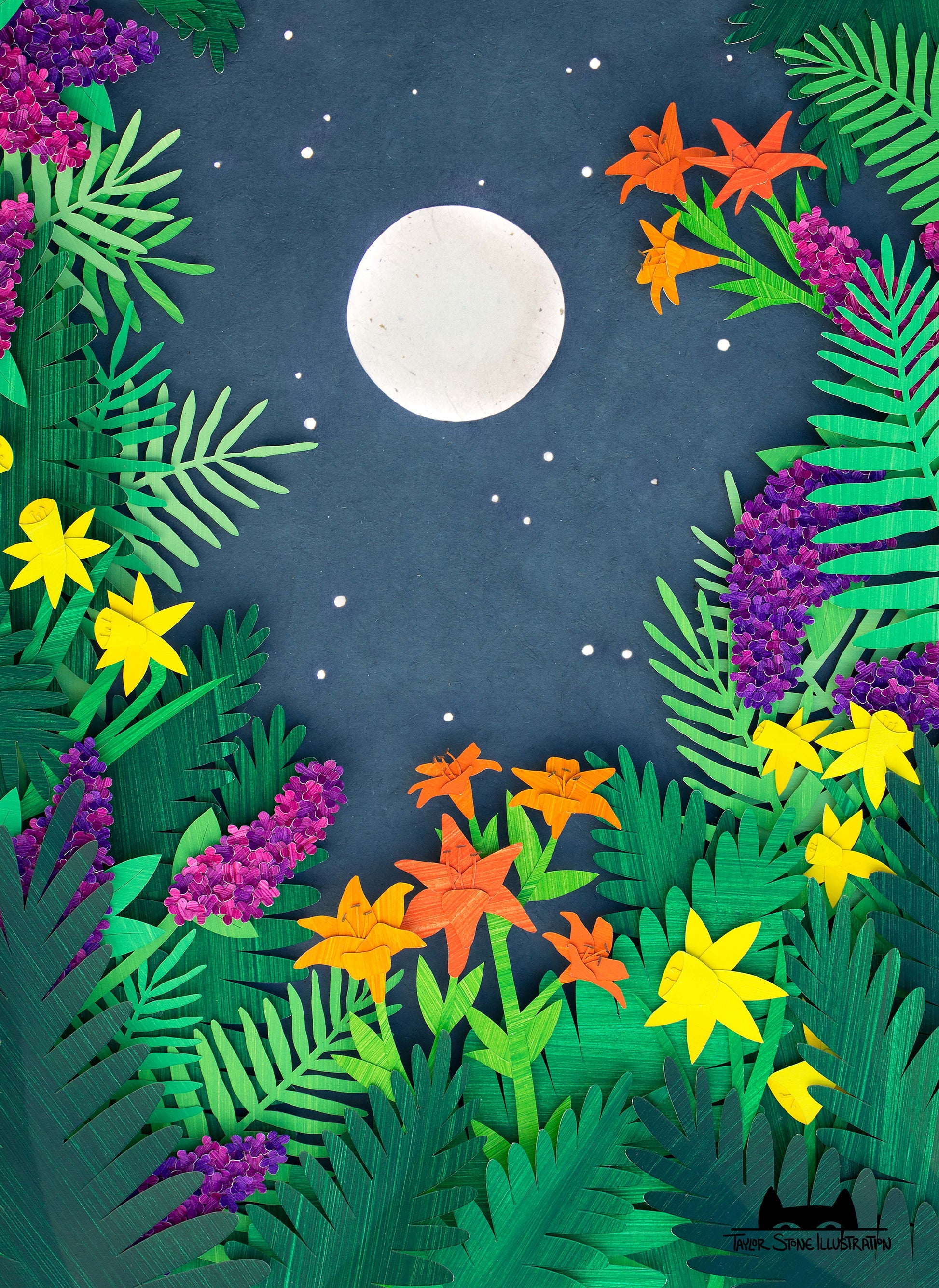 Cute jigsaw puzzle of cut paper illustration of a full moon and stars at night surrounded by flowers and greenery.