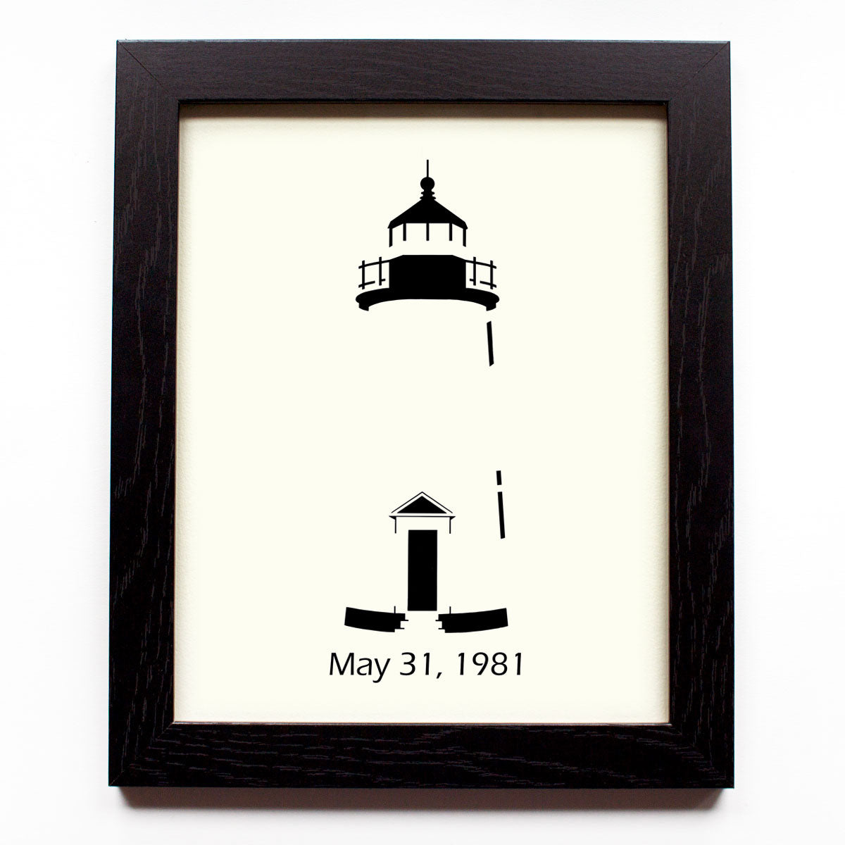 Framed simple black and white cut paper illustration of Cape Pogue Lighthouse on Chappaquiddick in Edgartown, Martha's Vineyard.