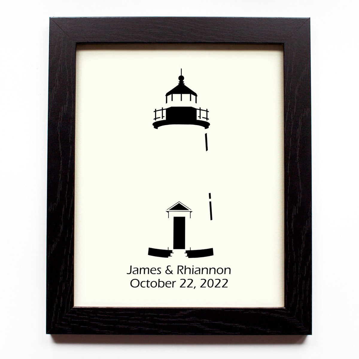 Framed simple black and white cut paper illustration of Cape Pogue Lighthouse on Chappaquiddick in Edgartown, Martha's Vineyard.
