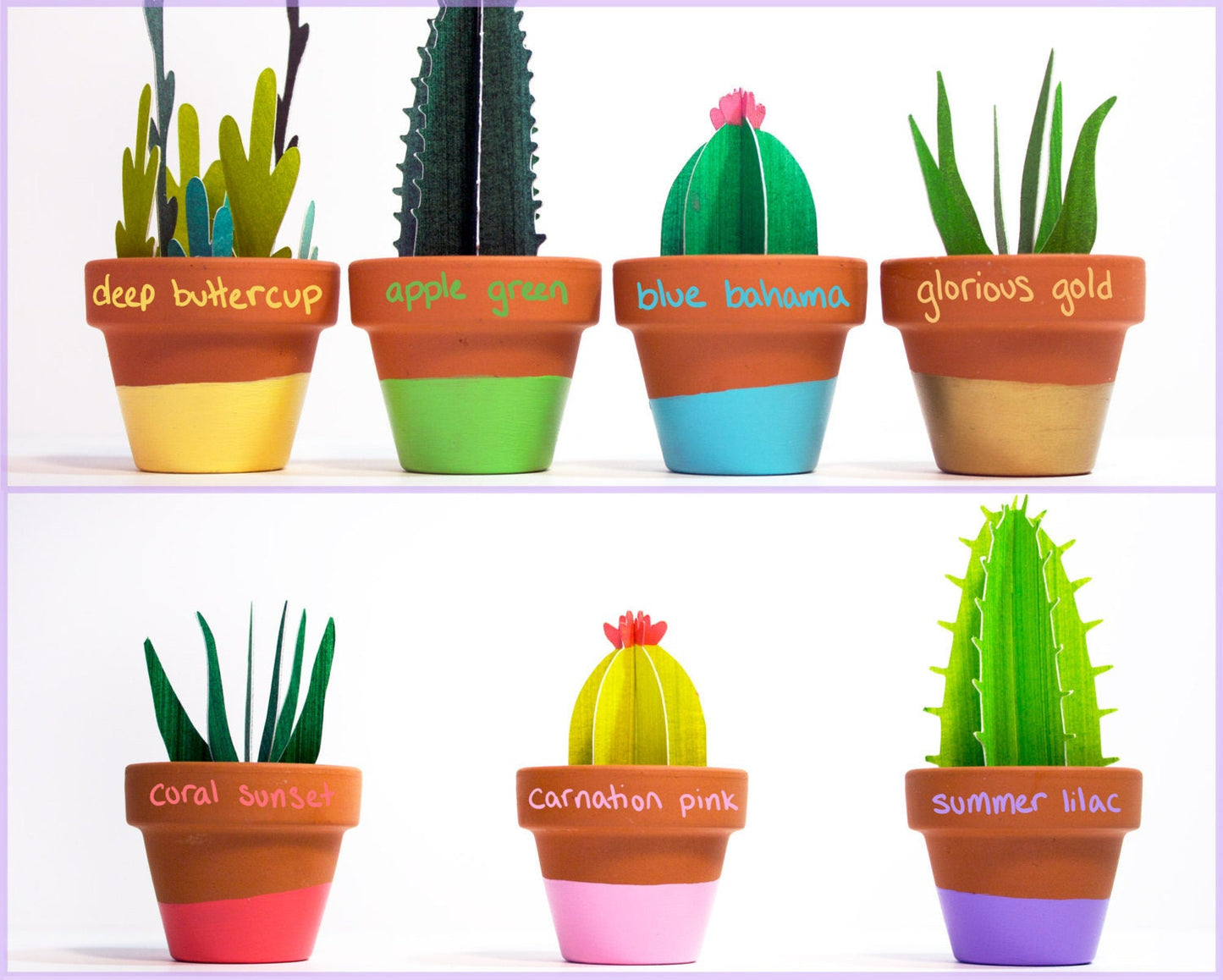 Cute 3D paper cacti in terracotta pots showing all color options for the base of the pots: deep buttercup, apple green, blue bahama, glorious gold, coral sunset, carnation pink, and summer lilac.