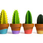 Cute line up of 4 spiky 3D paper cacti in terracotta pots.