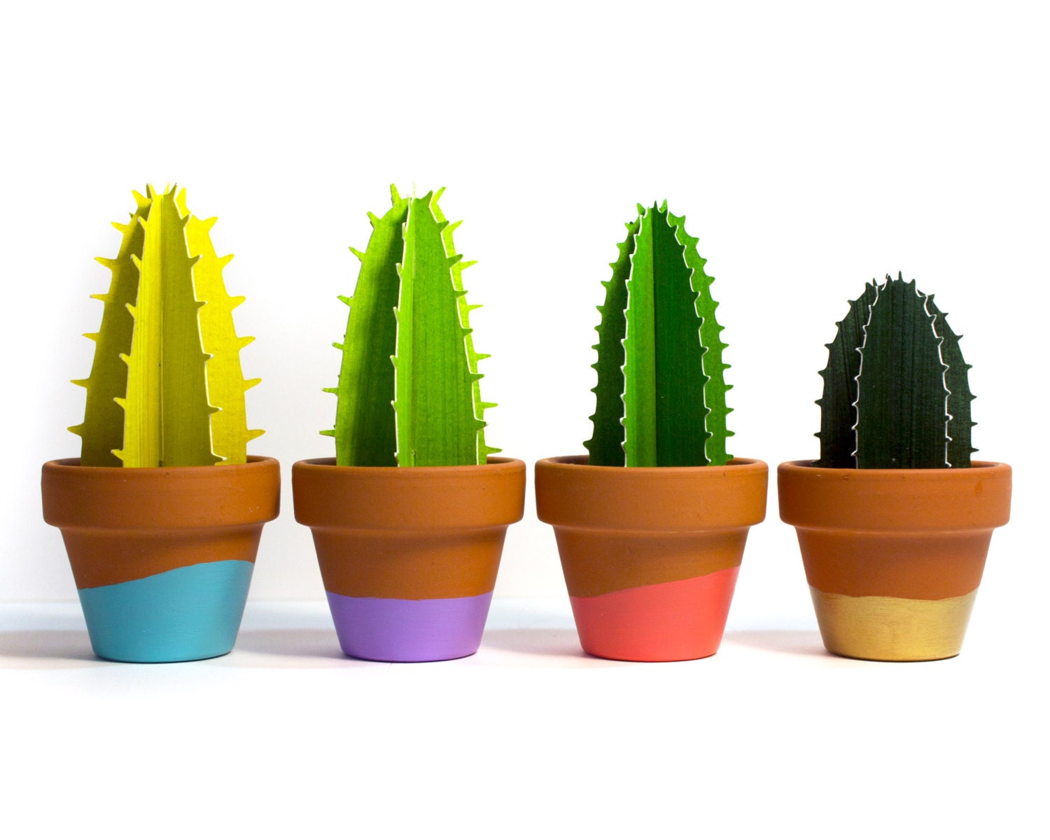Cute line up of 4 spiky 3D paper cacti in terracotta pots.