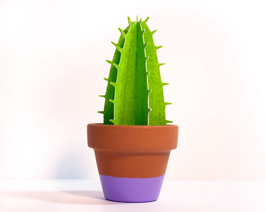 Cute single spiky 3D paper cactus in terracotta pot.