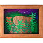 Framed cut paper illustration of fox and tree trunk with bushes at sunset