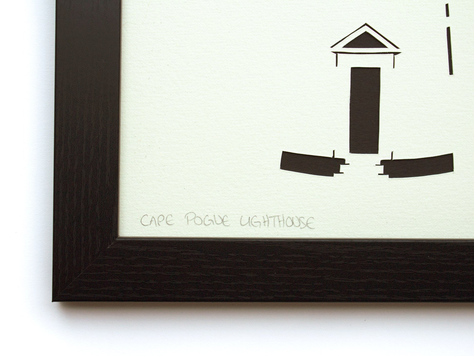  Framed simple black and white cut paper illustration of Cape Pogue Lighthouse on Chappaquiddick in Edgartown, Martha's Vineyard.