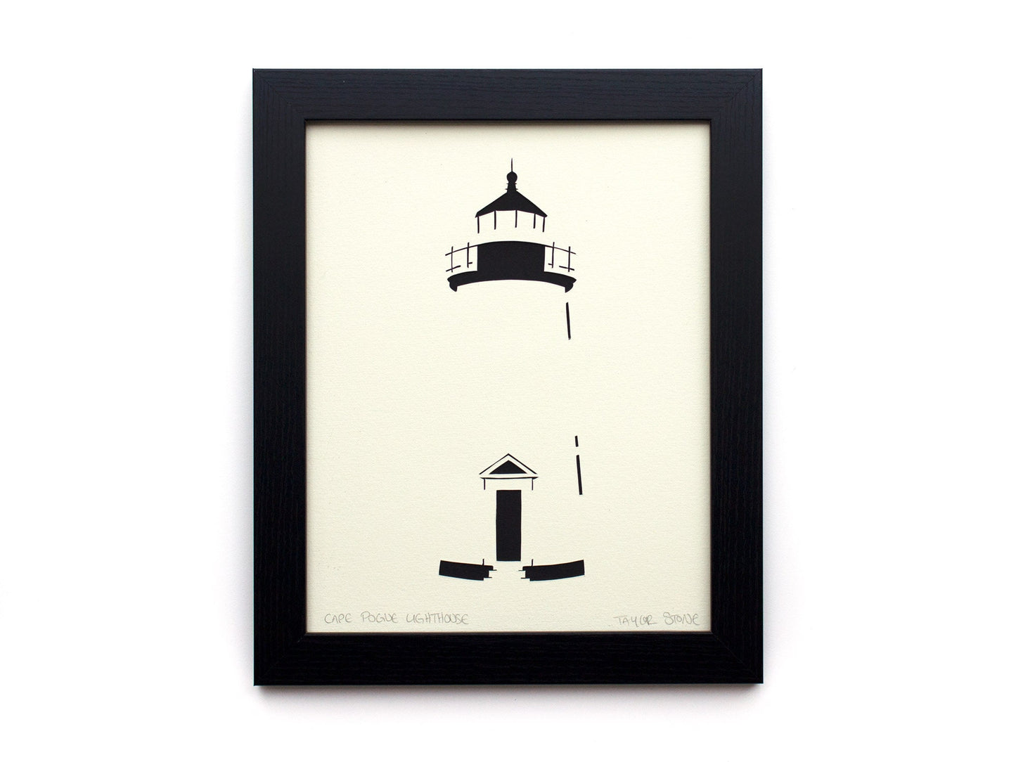 Framed simple black and white cut paper illustration of Cape Pogue Lighthouse on Chappaquiddick in Edgartown, Martha's Vineyard.