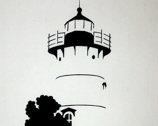 Framed simple black and white cut paper illustration of the East Chop Light House in Oak Buffs, Martha's Vineyard.
