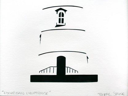 Framed simple black and white cut paper illustration of the Edgartown Light House on Martha's Vineyard