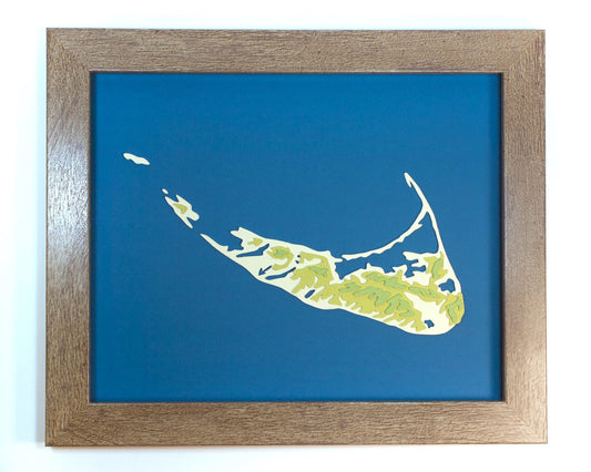 Framed original cut paper topographical map of Nantucket Island.