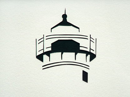 Framed simple black and white cut paper illustration of the West Chop Light House in Vineyard Haven, Martha's Vineyard.