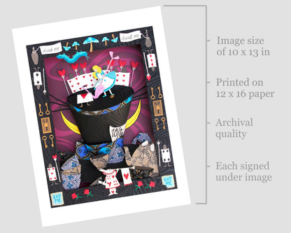 Archival print of cut paper illustration of a whimsical scene inspired by Alice in Wonderland.