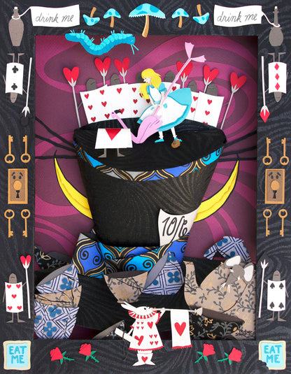 Original cut paper illustration inspired by Alice in Wonderland, featuring a whimsical scene of Alice, the white rabbit, and other characters from the story. 