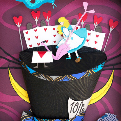 Original cut paper illustration inspired by Alice in Wonderland, featuring a whimsical scene of Alice, the white rabbit, and other characters from the story.