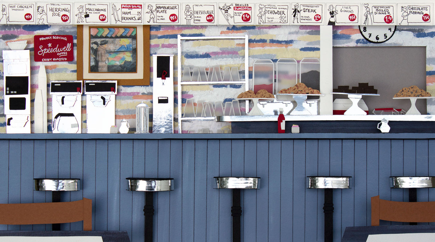 Archival print of cut paper illustration of the inside of the ArtCliff Diner on Martha's Vineyard.