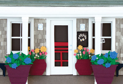 Archival print of cut paper illustration on the ArtCliff Diner on Martha's Vineyard, showing the details of the front entry with flower pots.