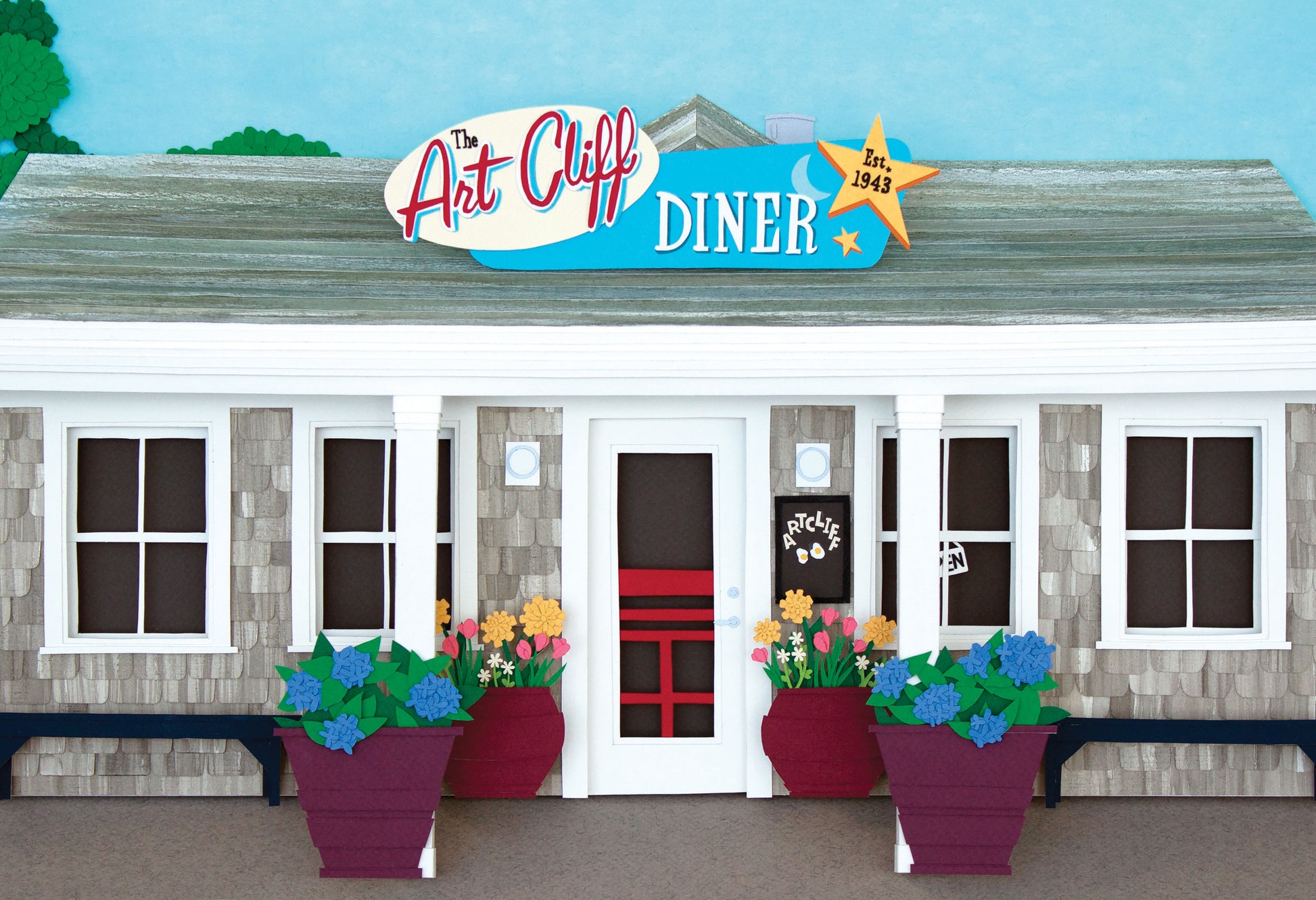 Archival print of cut paper illustration on the ArtCliff Diner on Martha's Vineyard