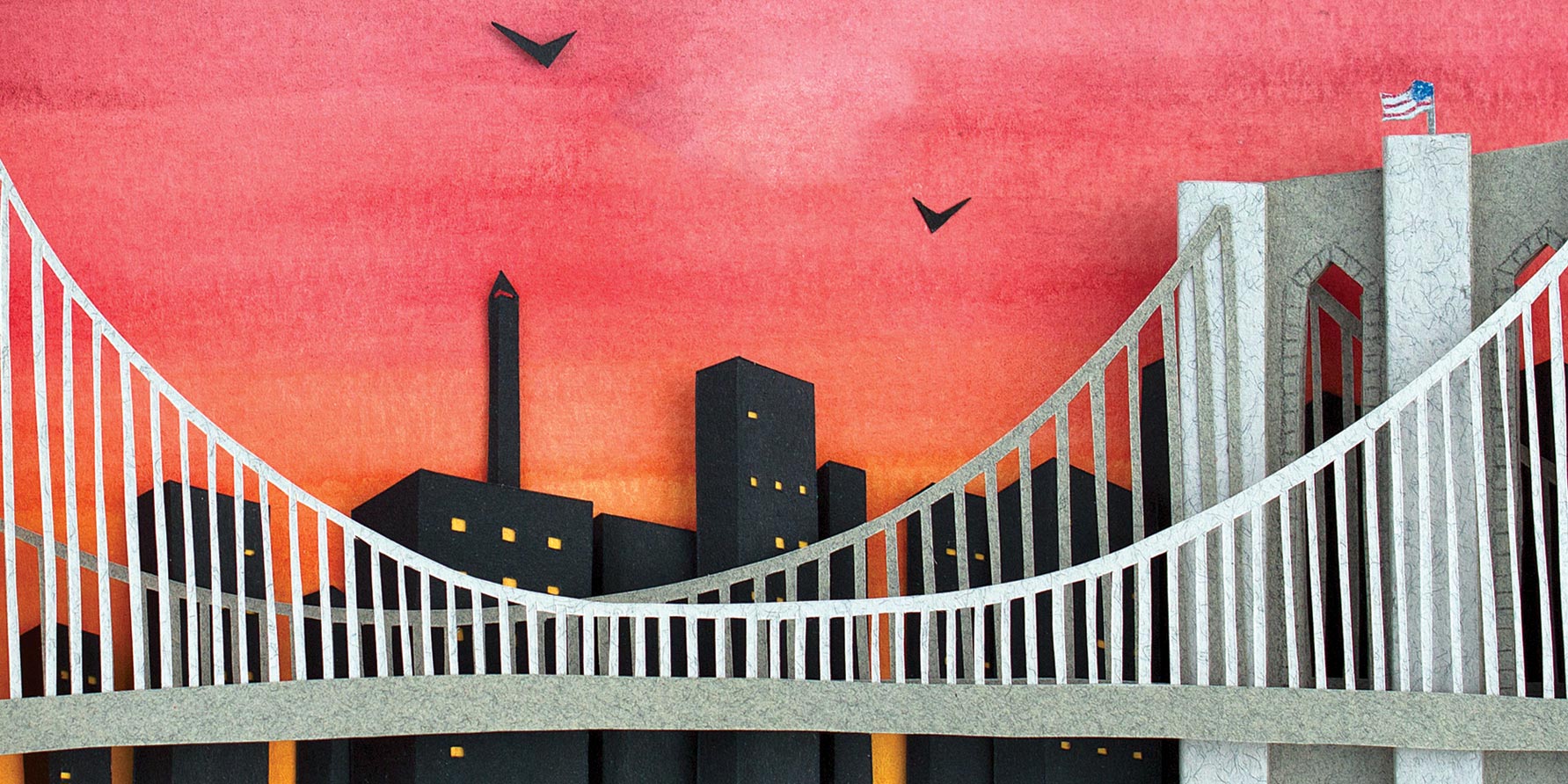 Archival print of cut paper illustration of the Brooklyn Bridge with Sunset.