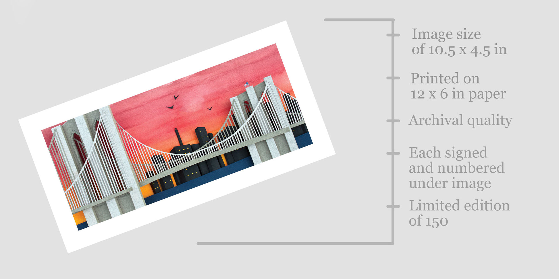 Archival print of cut paper illustration of the Brooklyn Bridge with Sunset.