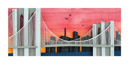 Archival print of cut paper illustration of the Brooklyn Bridge with Sunset.