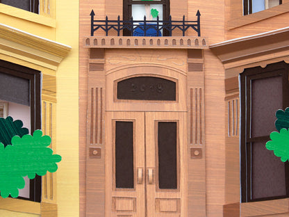 Archival print of cut paper illustration of two cute brownstone buildings.