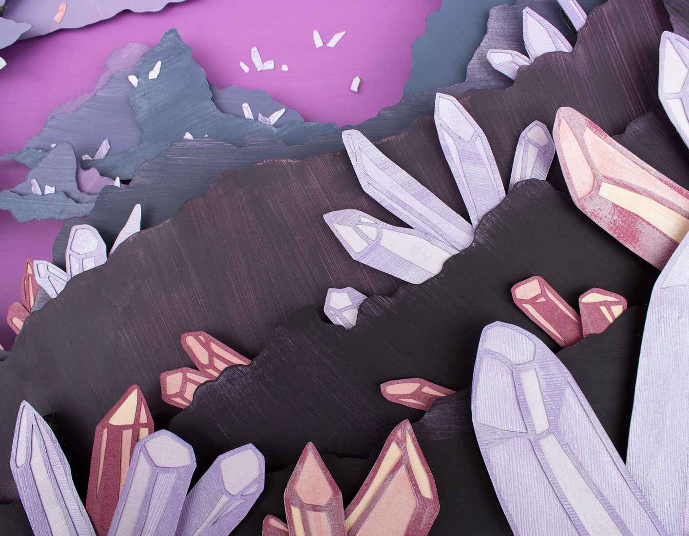Archival print of cut paper illustration of a magical purple cave with crystals.